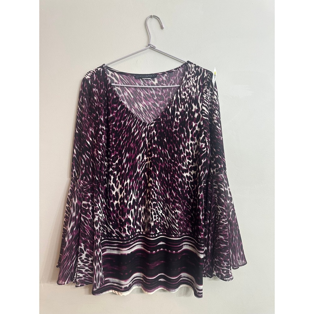 Coco Bianco Purple Leopard Print V-Neck Blouse Tiered Bell Sleeve Top Boho